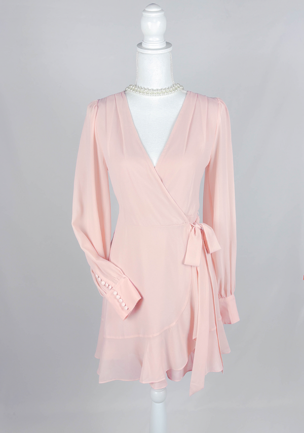 Alice Blush Button Sleeve Ruffle Wrap Dress