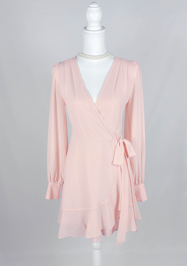 Alice Blush Button Sleeve Ruffle Wrap Dress