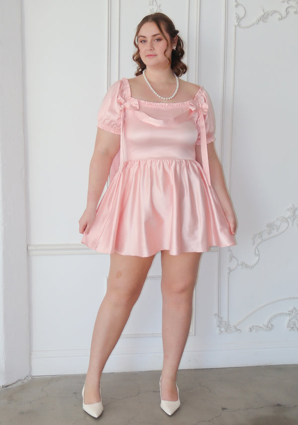 Love Annette Plus Size Girly Blush Pink Bow Mini Dress With Ribbons