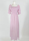 Girly mauve maxi dress with ruffles and puff sleeves