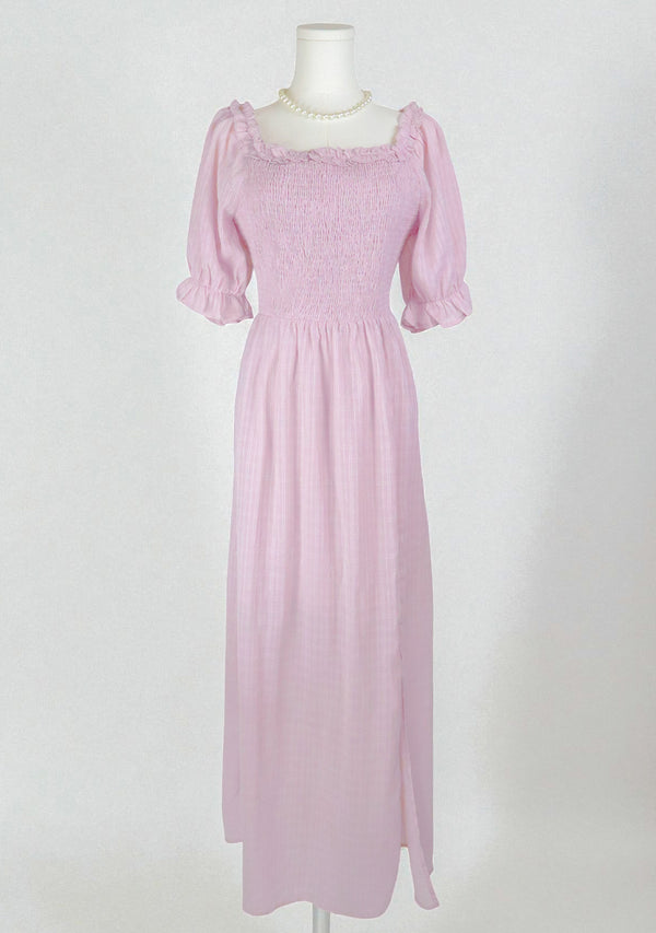 Girly mauve maxi dress with ruffles and puff sleeves