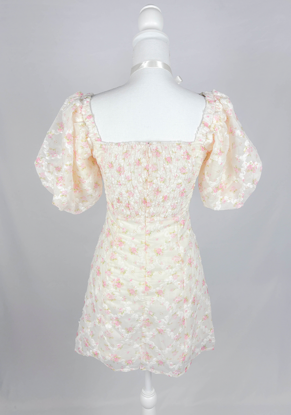 Romantic Floral Cream Puff Sleeve Mini Dress