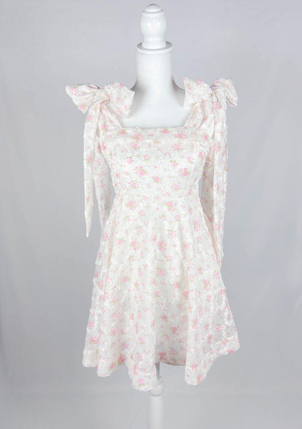 Romantic Floral White Tie Mini Dress