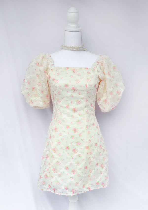 Romantic Floral Cream Puff Sleeve Mini Dress