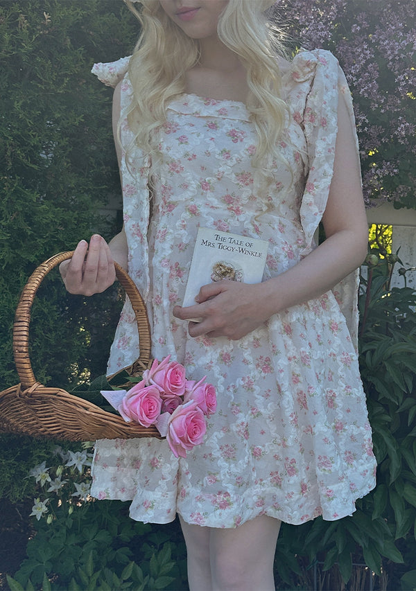 Romantic Floral White Tie Mini Dress