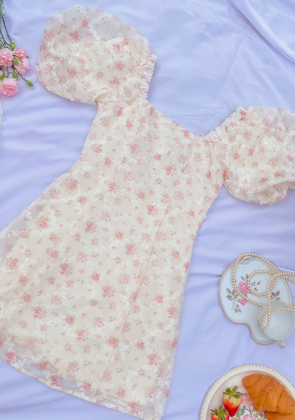 Romantic Floral Cream Puff Sleeve Mini Dress