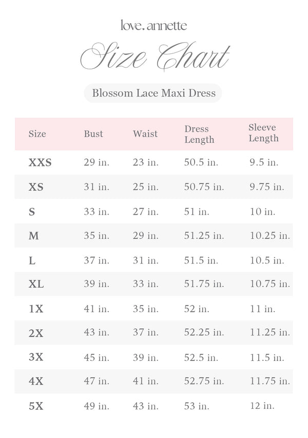 Love, Annette Size Chart XXS - 5X