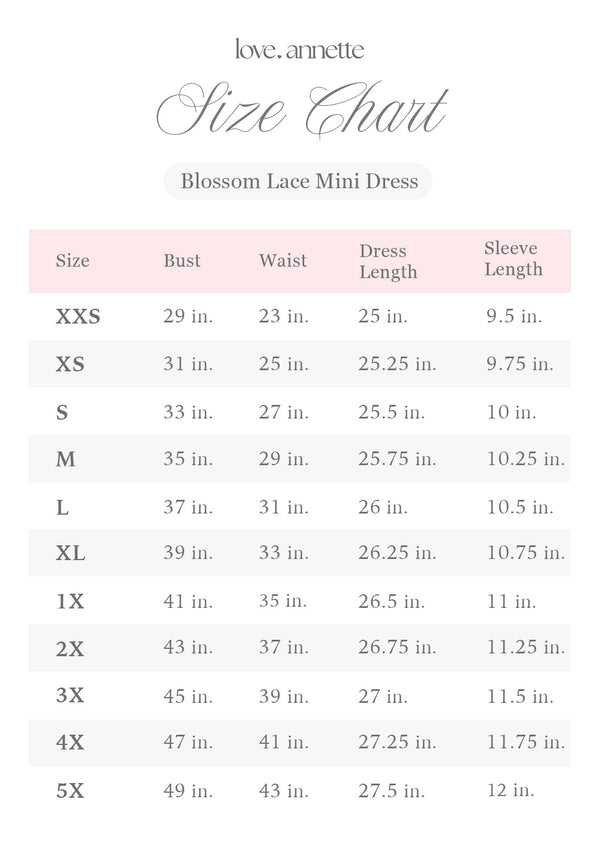 Love, Annette Size Chart XXS - 5X