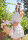 Floral mini dress with lace and ruffles - matching bow hair clip