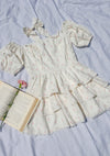 Floral mini dress with lace and ruffles - puff sleeves